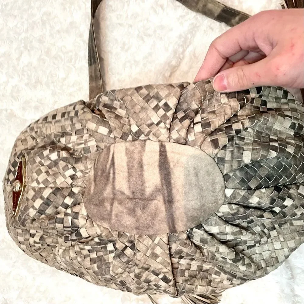Elliott Lucca Snakeskin Embossed Leather Weave Bucket Hobo Shoulder Purse